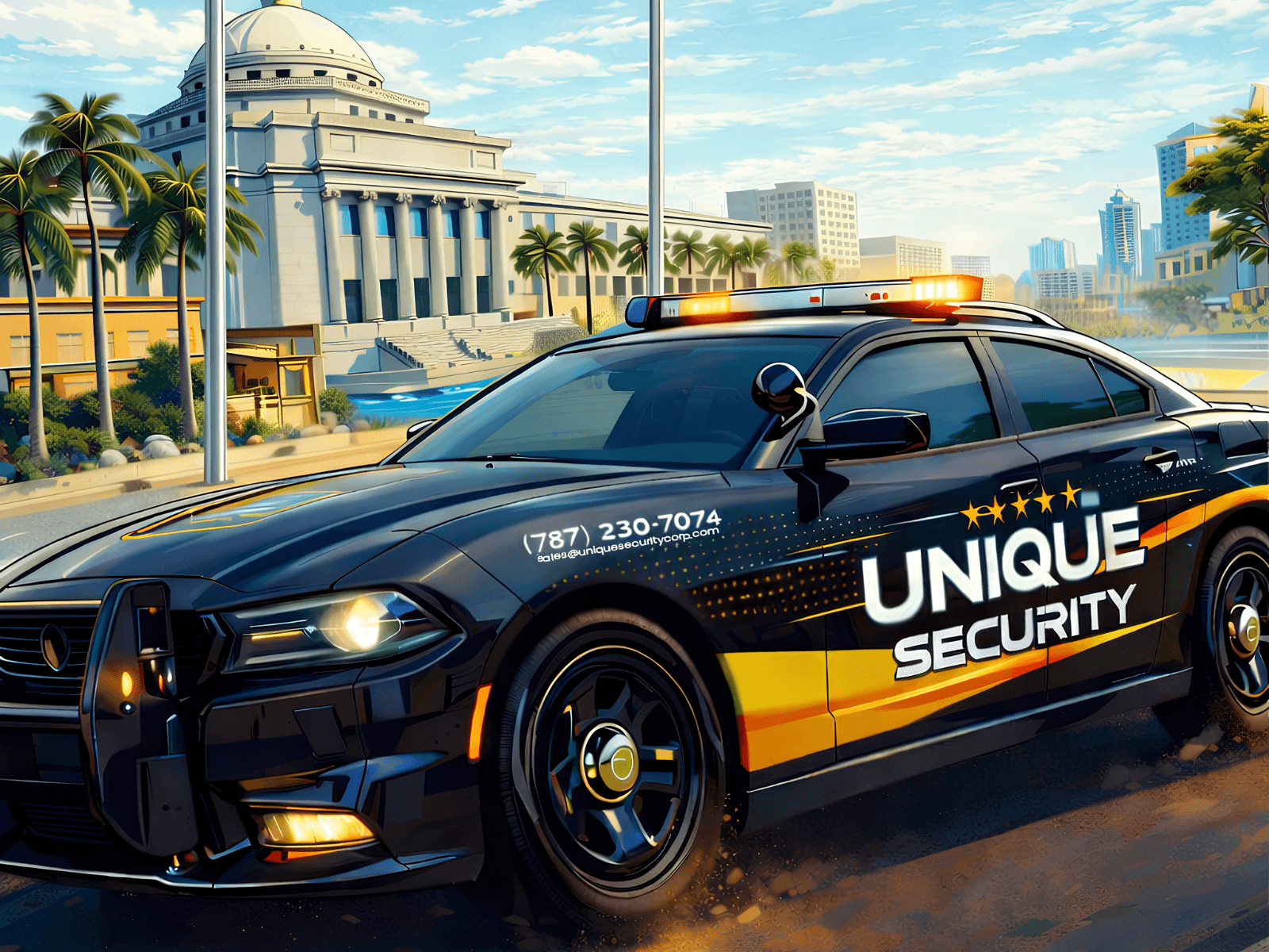 Patrulla Unique Security · detalle de puerta con marca